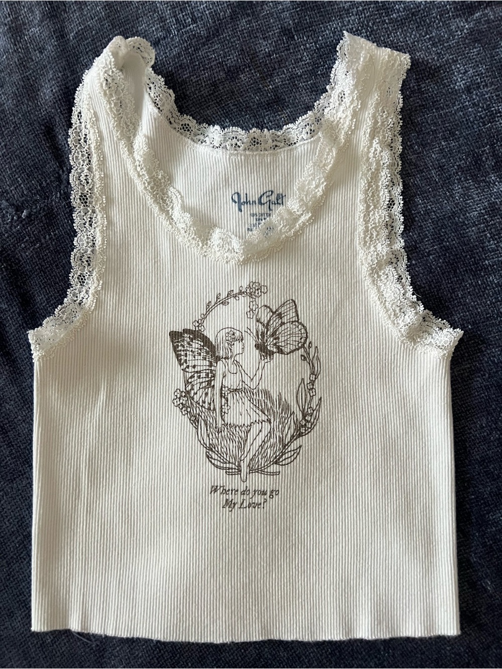 Brandy Melville Cream Lace-Trim Ribbed Fairy Graphic Tank